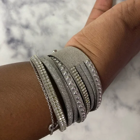 Grey Rhinestone & Rivet Faux Suede Wrap Bracelet - Picture 8 of 8